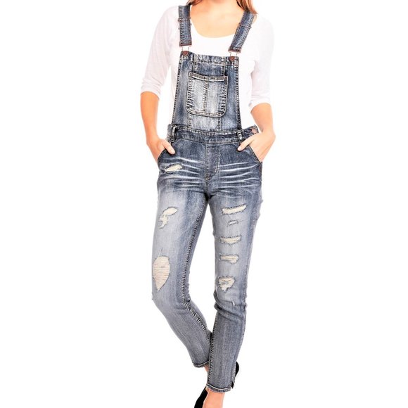 Dollhouse Denim - Blizzard Blue Distressed/Destroyed Overalls